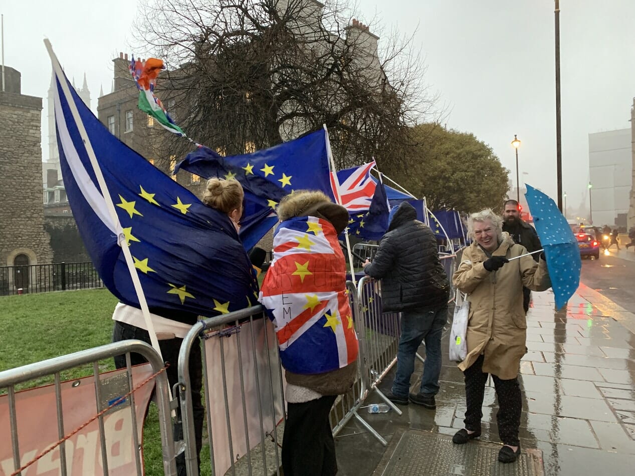 A group of people holding flags in the rain.