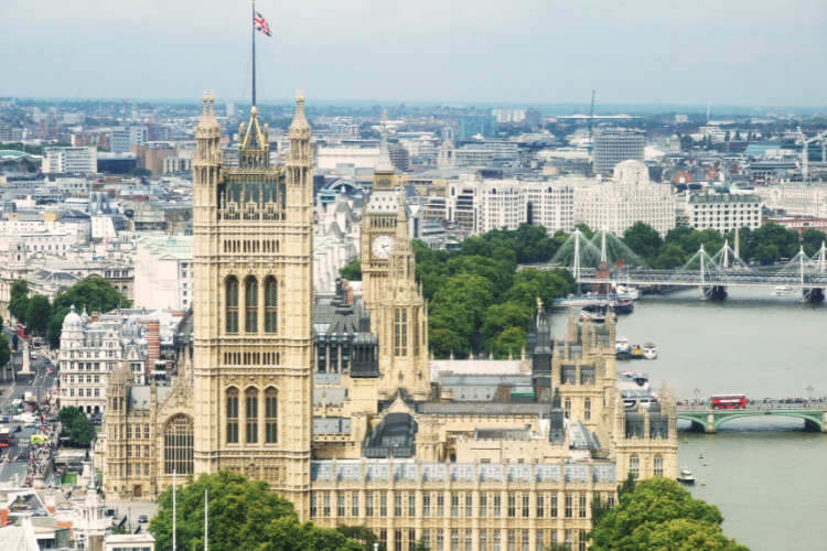An aerial view of parliament in London.