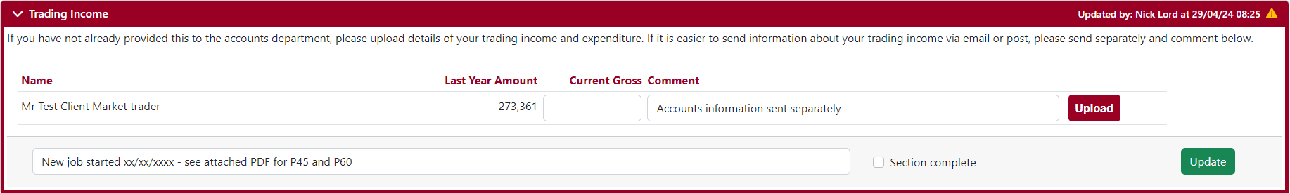 Screenshot of an online platform for updating trading income. Fields include name, last year amount, current gross, and comments. There are options to upload documents and mark the section as complete.