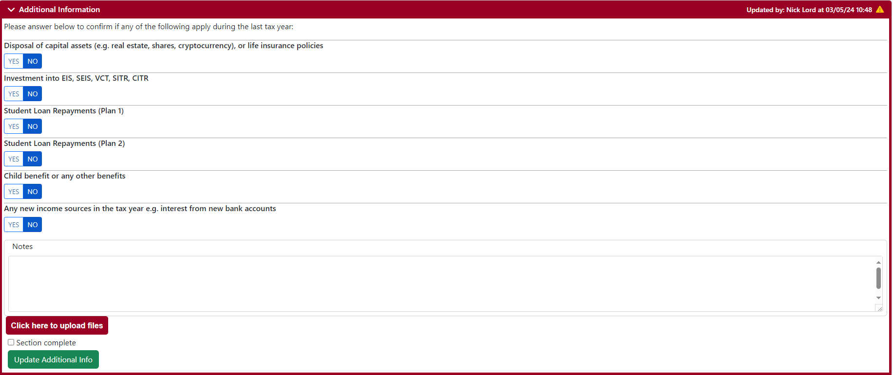 The image shows an online form with fields for additional information on investments, student loans, child benefits, and other income sources, along with options to upload files and update info.