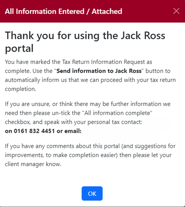 Notification from the Jack Ross portal confirming the completion of a tax return information request, with instructions to click the “Send information to Jack Ross” button to proceed. Contact details provided.