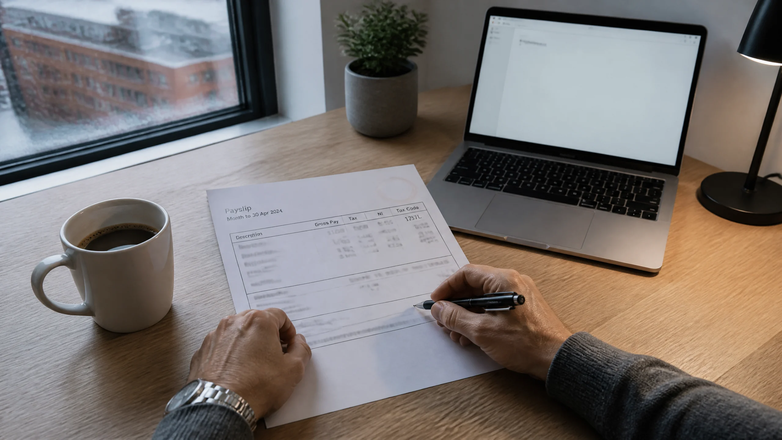 A UK payslip with the tax code 1257L visible, on a modern oak desk with a laptop and coffee mug in a Manchester home office