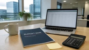 A Budget 2026 briefing for clients on an office desk beside a laptop and calculator