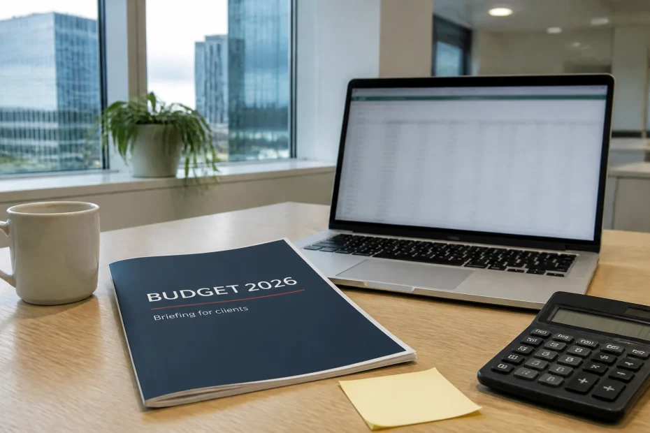 A Budget 2026 briefing for clients on an office desk beside a laptop and calculator